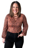 Leopard Plus Size Puff Sleeve V Neck Lace-up Slim Top