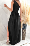 Black Shiny Velvet One Shoulder Long Split Dress