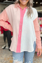 Pink Color Block Patchwork Crinkle Long Sleeve Shirt