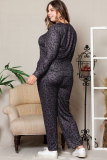 Black Plus Size Leopard Long Sleeve Henley Top Pajamas Set