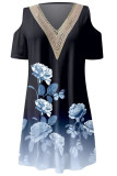 V Neck Lace Edge Cold Shoulder Floral Mini Dress
