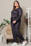 Black Plus Size Leopard Long Sleeve Henley Top Pajamas Set