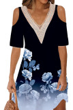 V Neck Lace Edge Cold Shoulder Floral Mini Dress
