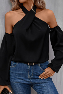 Black Cold Shoulder Crisscross Halter Top