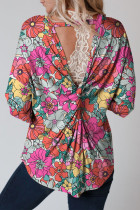 Multicolor Twisted Hollow-out Back Floral Long Sleeve Top