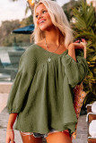 Green Textured V Neck Bracelet Sleeve Babydoll Blouse