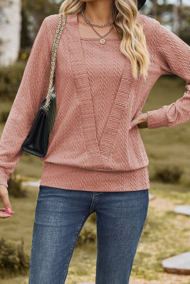 Plain Texture Square Neck Long Sleeves Top