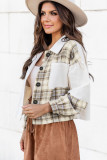 White Corduroy Plaid Colorblock Patchwork Shacket