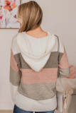 Pink Color Block Knitted Drawstring Hooded Sweater