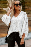 White Floral Lace Crochet Loose Fit V Neck Top