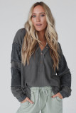 Gray Contrast Patched Exposed Seam Waffle Knit Henley Top