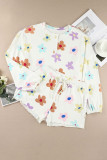 White Floral Long Sleeve Henley Top and Drawstring Shorts Set