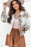 White Corduroy Plaid Colorblock Patchwork Shacket