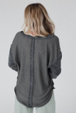 Gray Contrast Patched Exposed Seam Waffle Knit Henley Top