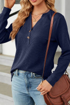 Plain V Neck Button Waffle Knit Long Sleeves Top