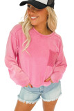 Pink Solid Color Lace Patch Pocket Long Sleeve Top