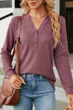 Plain V Neck Button Waffle Knit Long Sleeves Top