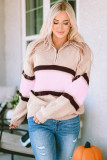 Apricot Striped Color Block Knit Zip Collared Sweater