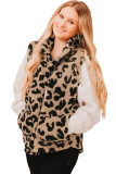 Leopard Plus Size Stand Neck Zipped Front Sherpa Jacket Vest