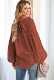 Brown Lantern Sleeve Stripe Tassel Drawstring Blouse