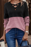 V Neck Strappy Color Block Long Sleeves Top