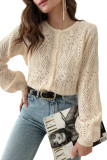 Apricot Hollowed Pattern Knit Round Neck Buttoned Cardigan