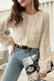Apricot Hollowed Pattern Knit Round Neck Buttoned Cardigan