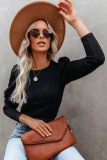 Black Solid Puff Sleeve Ribbed Knit Top