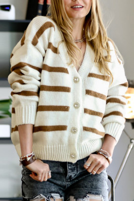 White Striped Knit V Neck Sweater Cardigan