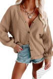 Khaki Exposed Seam Buttons Front Waffle Knit Cardigan