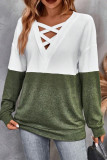 V Neck Strappy Color Block Long Sleeves Top
