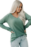 Green Ribbed V Neck Long Sleeve Top