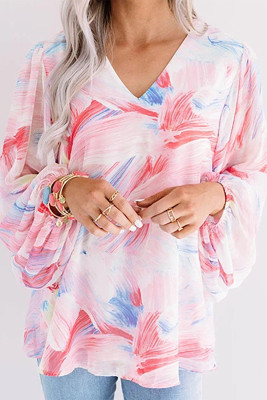 Pink Abstract Print Balloon Sleeve V-Neck Blouse