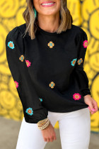 Black Plus Size Flower Embroidered Puff Sleeve Top