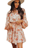 Orange Bubble Sleeve Cinched Waist Floral Dress
