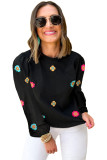Black Plus Size Flower Embroidered Puff Sleeve Top