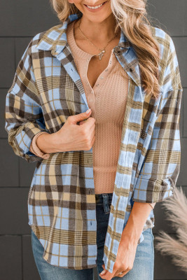 Sky Blue Drop Shoulder Rounded Hem Plaid Pattern Shirt