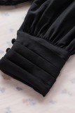 Black Padded Shoulder Buttoned Cuffs Pleated Loose Blouse