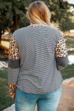 Leopard Plus Size Cow/Leopard Stripes Patchwork Long Sleeve Tee