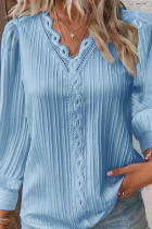 Plain Texture V Neck Lace Blouse Shirt 