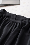 Black Padded Shoulder Buttoned Cuffs Pleated Loose Blouse