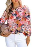 Red Floral Crewneck Long Sleeve Blouse