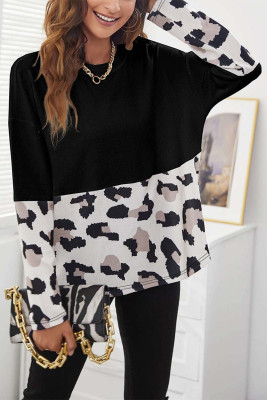Black Leopard Color Block Long Sleeve Top