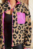 Leopard Colorblock Pocket Zipper Fuzzy Fleece Jacket