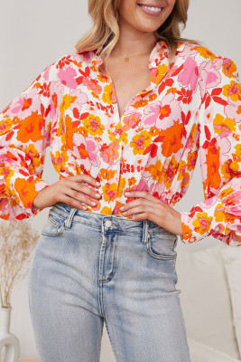 Orange Floral Bishop Sleeve Button Up Shirt