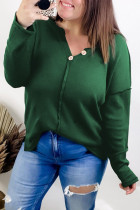 Green Exposed Seam Henley Buttoned Plus Size Long Sleeve Top