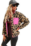 Leopard Colorblock Pocket Zipper Fuzzy Fleece Jacket