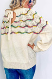 White Wavy Striped Pointelle Bishop Sleeve Sweater