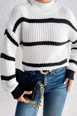 High Collar Striped Knit Sweater