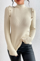 Off White High Collar Button Long Sleeves Knit Top
